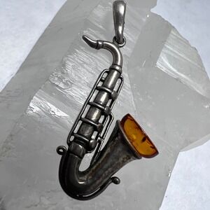 Vtg Saxophone Pendant Sterling Silver Amber Musical Instrument Charm Pendant